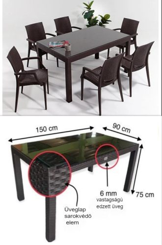 Bojta rattan hatású műanyag kerti asztal barna, üveglappal